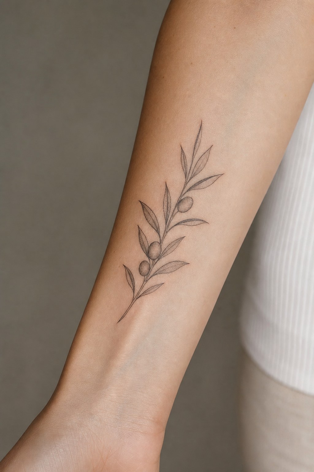 Fine line olive branch tattoo